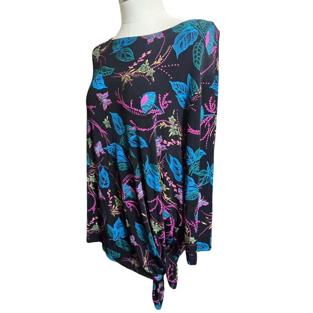 Floral Asymmetrical Hem Tunic Top Black Pink Blue Butterfly Size 3X CM2009